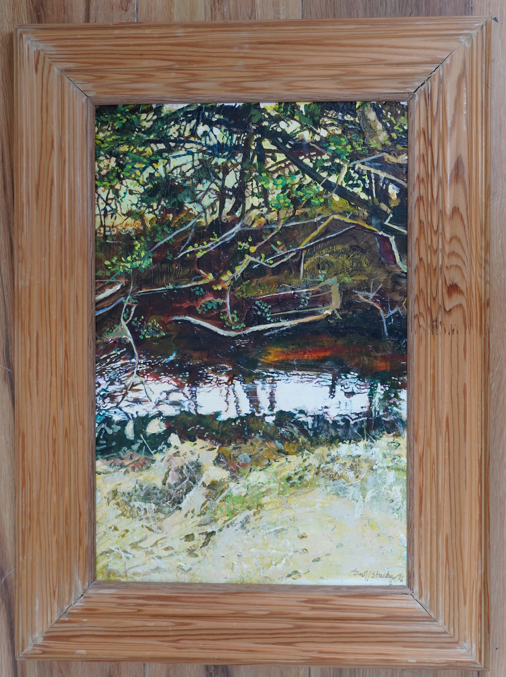 Geoff Stalker (b.1948), oil on board, Reflection of trees in a stream, signed and dated '96, 45 x 29cm